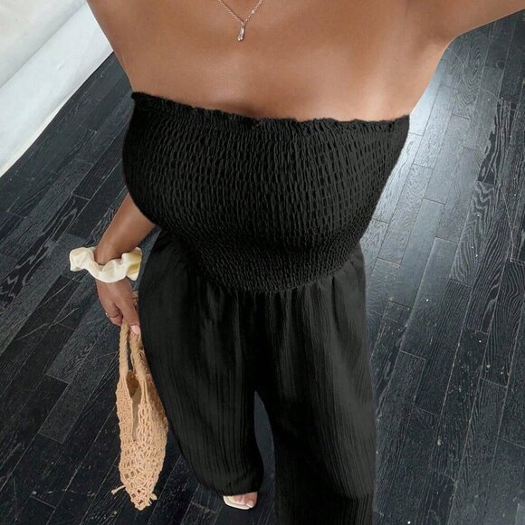 Black Casual Women's Shirred Tube Jumpsuit - Picture 2 of 7